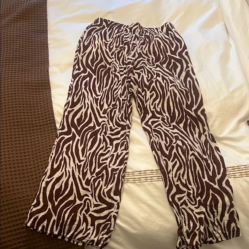 H&M Brown and White Animal Print Wide Leg Pants